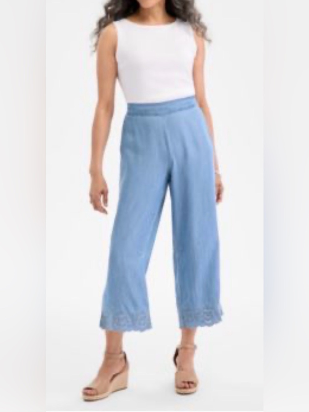 Style & co. Light Blue Cropped Wide-Leg Pants with Lace Trim